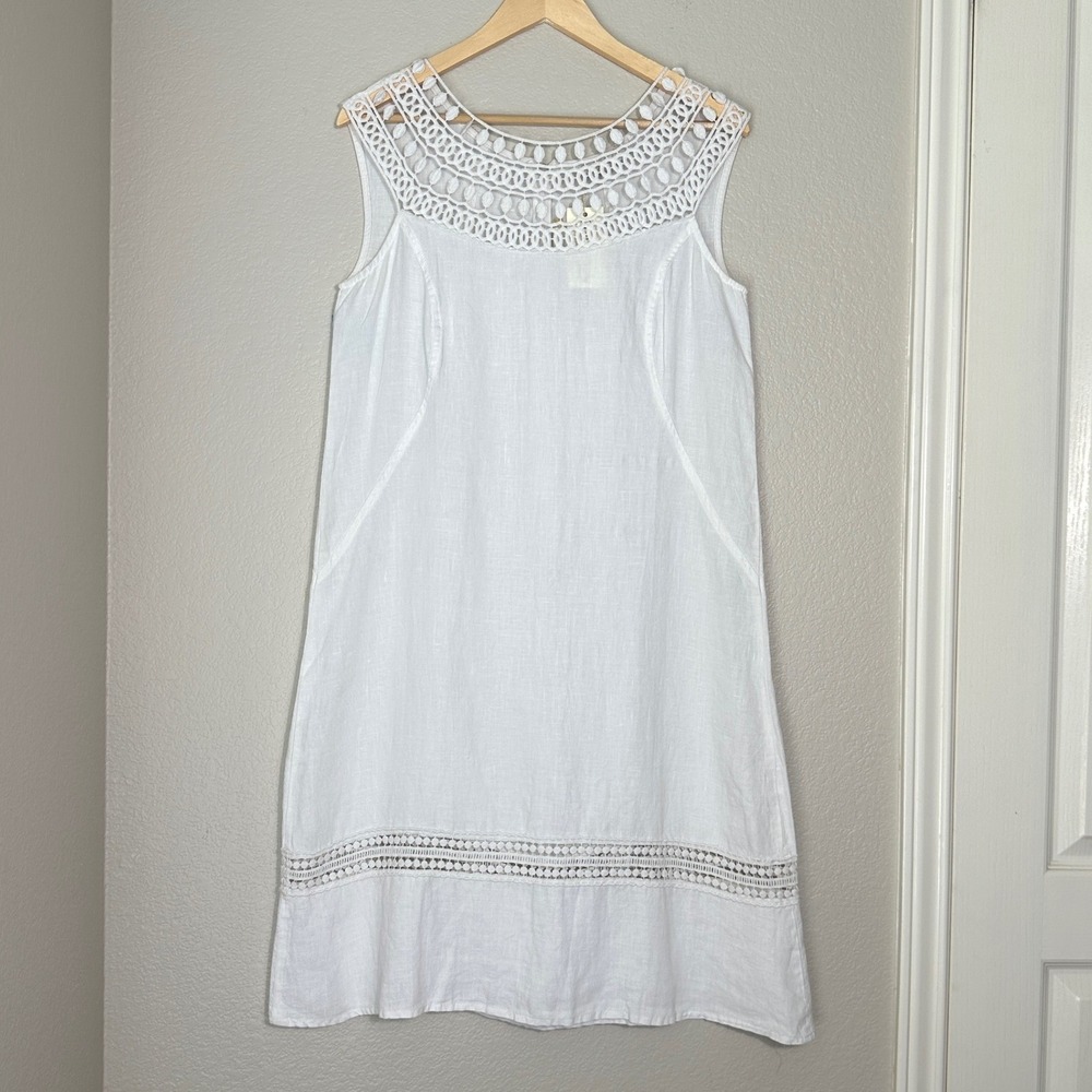 Del Sol Athens White 100% Linen Crochet Shift Dress Large Coastal Natural Beach